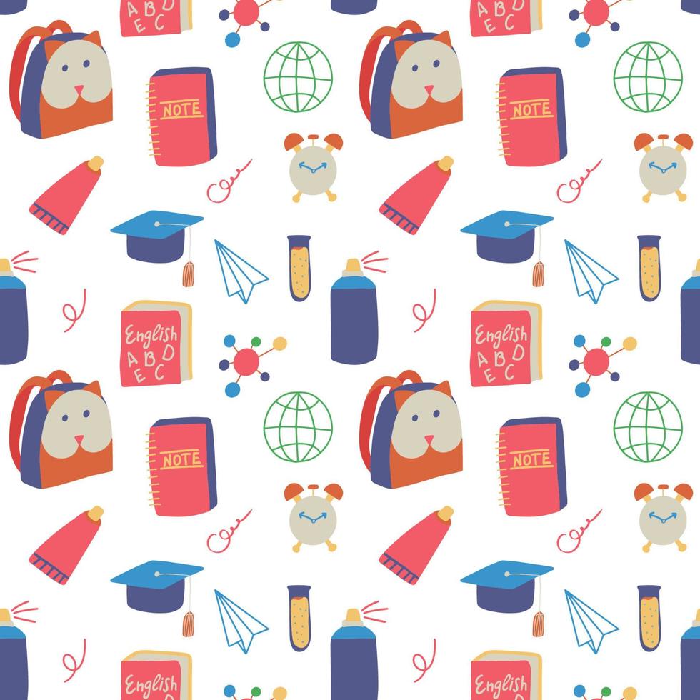 Seamless hand drawn pattern with colorful back to school on white background. Vector education illustration.