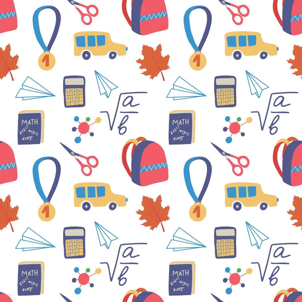 Seamless hand drawn pattern with colorful back to school on white background. Vector education illustration.