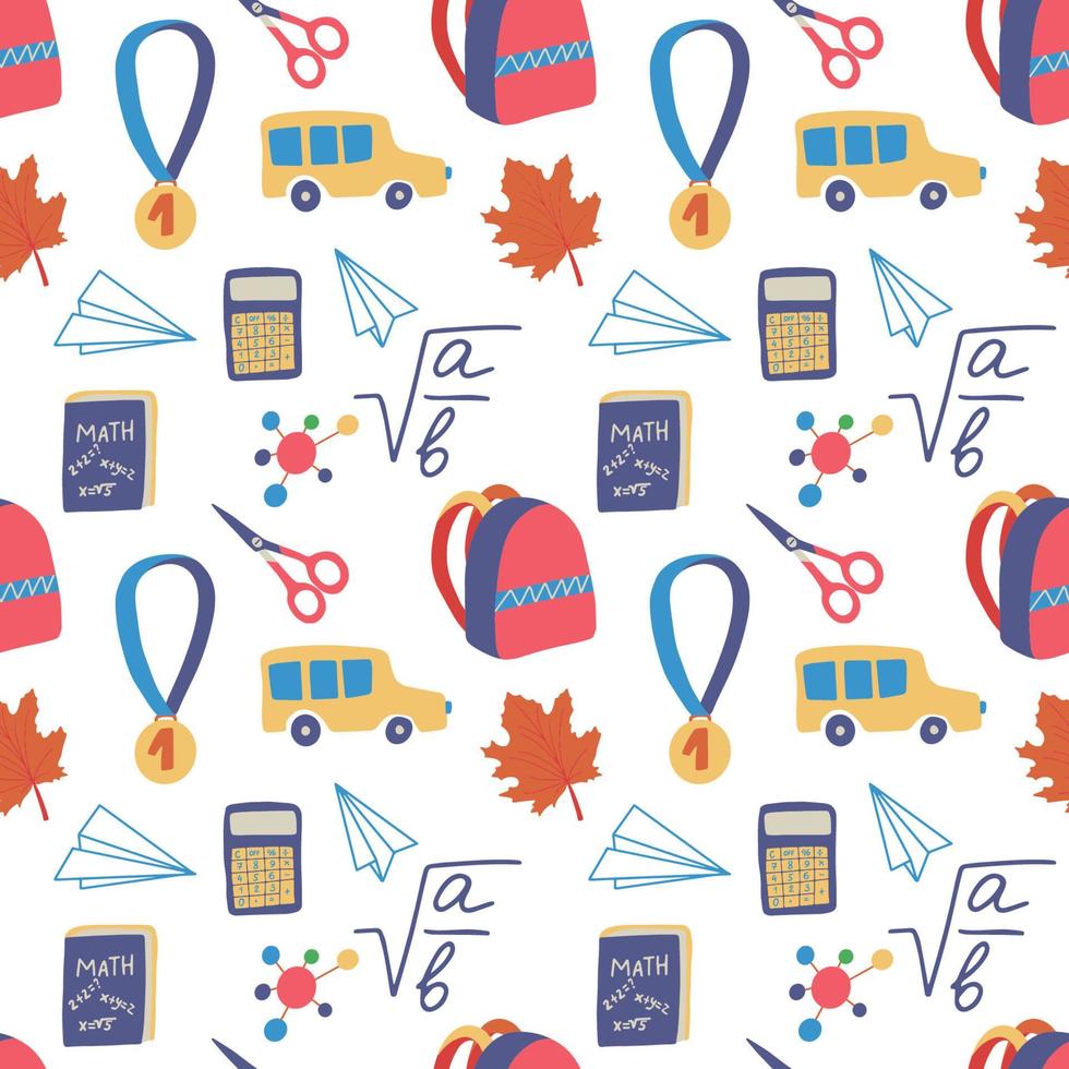 Seamless hand drawn pattern with colorful back to school on white background. Vector education illustration.