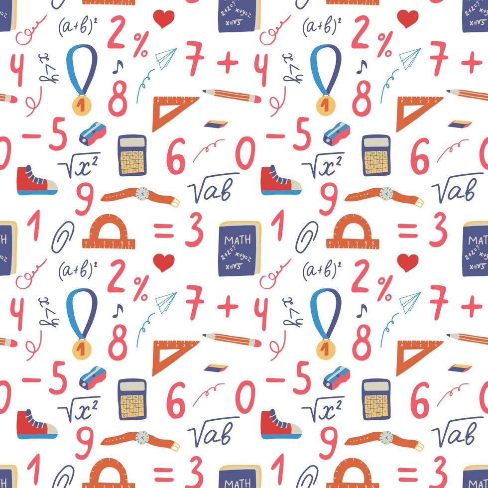 Seamless hand drawn pattern with colorful back to school on white background. Vector education illustration.