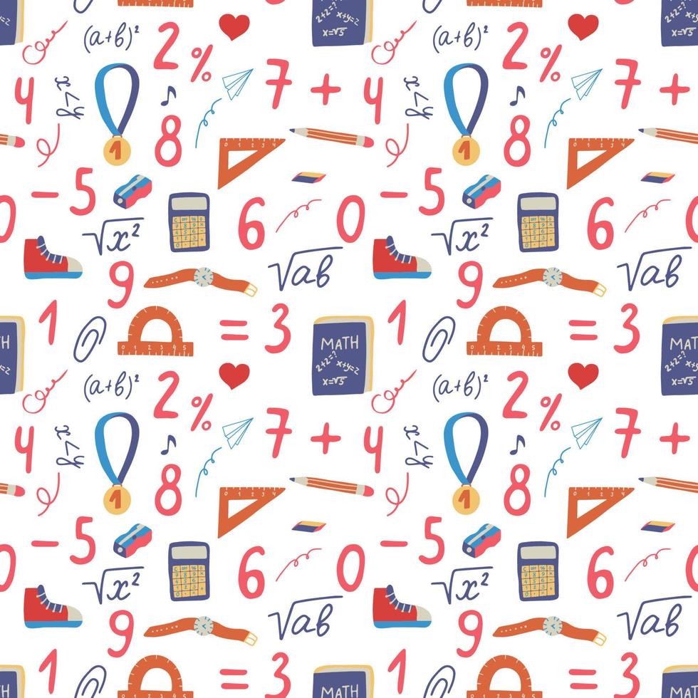 Seamless hand drawn pattern with colorful back to school on white background. Vector education illustration.