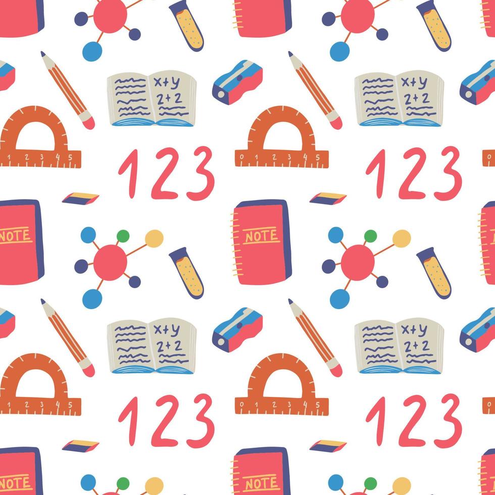Seamless hand drawn pattern with colorful back to school on white background. Vector education illustration.