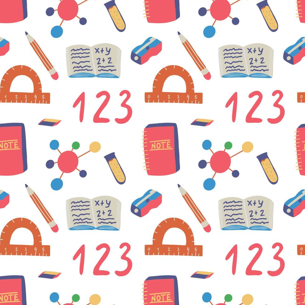 Seamless hand drawn pattern with colorful back to school on white background. Vector education illustration.