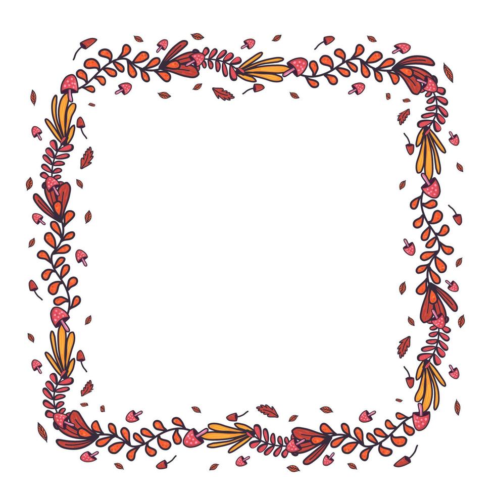 Retro hand drawn set with autumn leaf and musgrooms in square wreath for concept design. vector