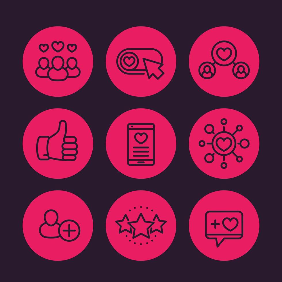 Likes, followers, hearts, rating line icons set vector