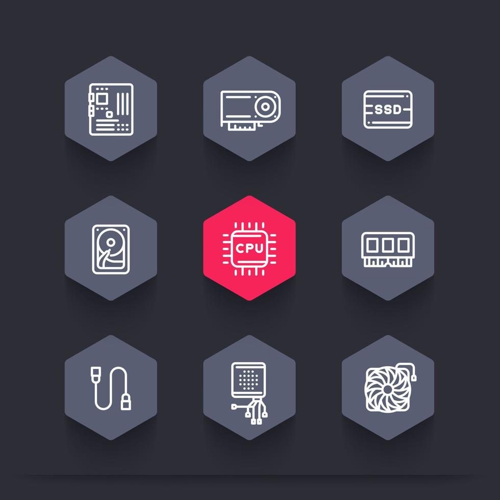 computer components line icons set, motherboard, memory, video card, HDD, CPU, SSD, vector illustration