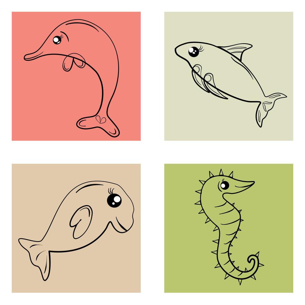 Ilustración de vector de diseño de elemento de icono de dibujos animados de pescado de garabato abstracto