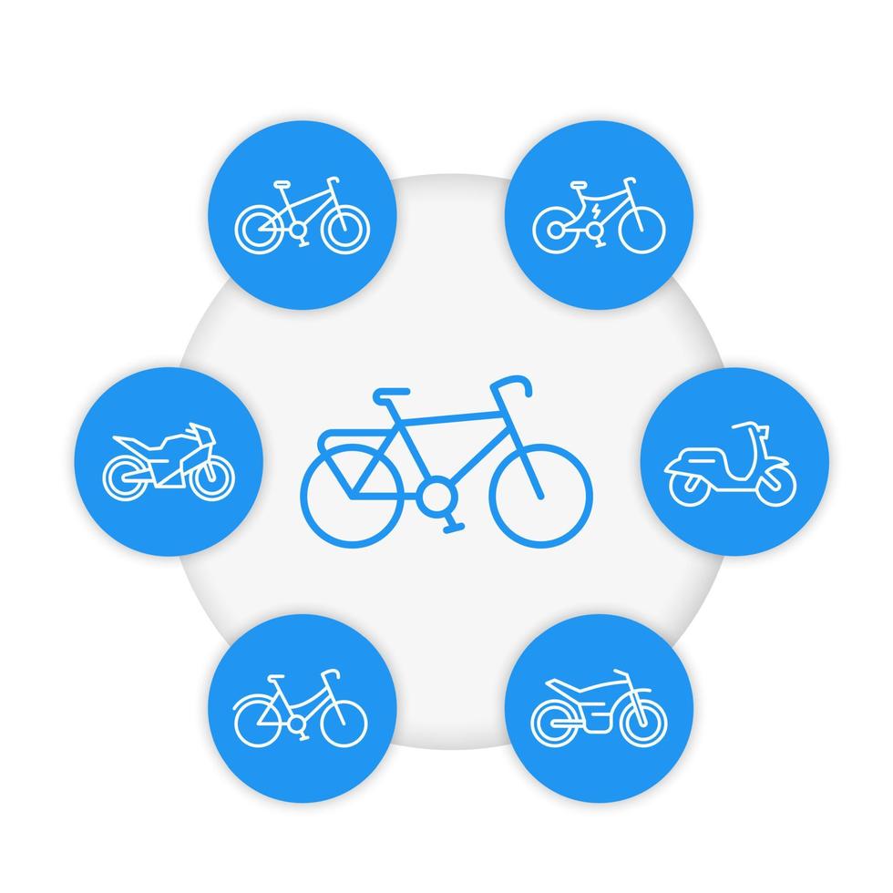Bikes line icons set, cycling, bicycles, motorcycle, motorbike vector