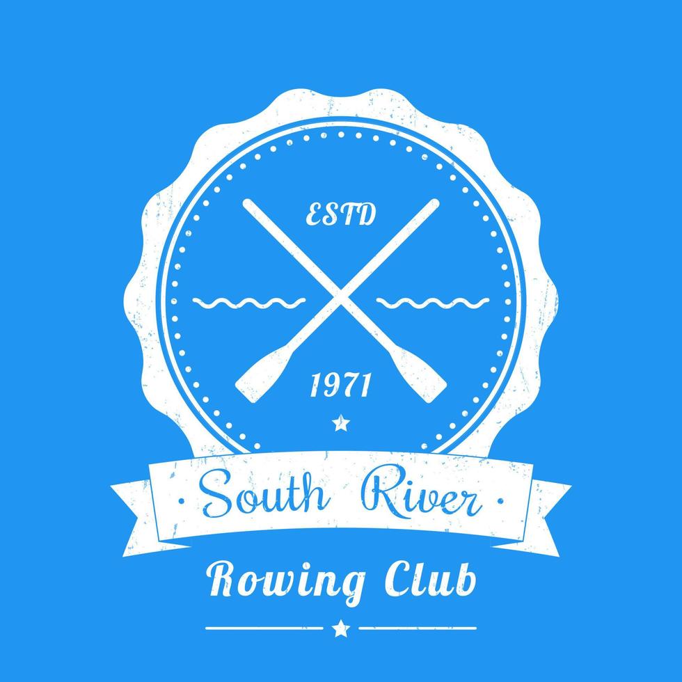 Rowing club vintage logo, emblem, vector sign on blue