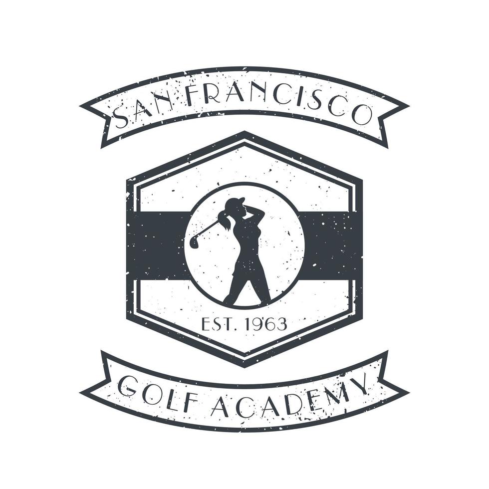 Golf academy vintage logo, emblem with girl golfer, isolated on white, with grunge texture vector