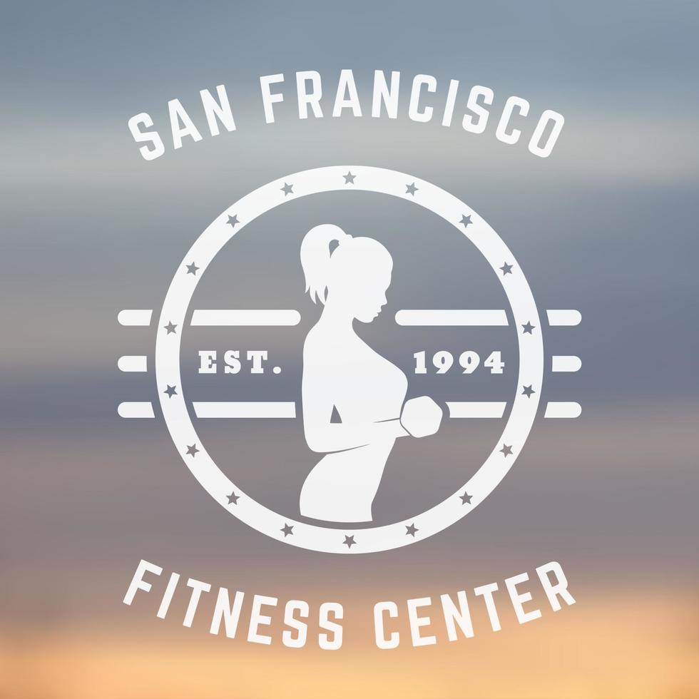 emblema vintage redondo, logo para gimnasio, estampado de camiseta con chica haciendo ejercicio vector