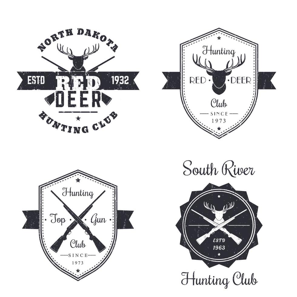 Hunting club vintage logo, badges, signs, emblems with crossed rifles, guns, deer head on white, vector illustration