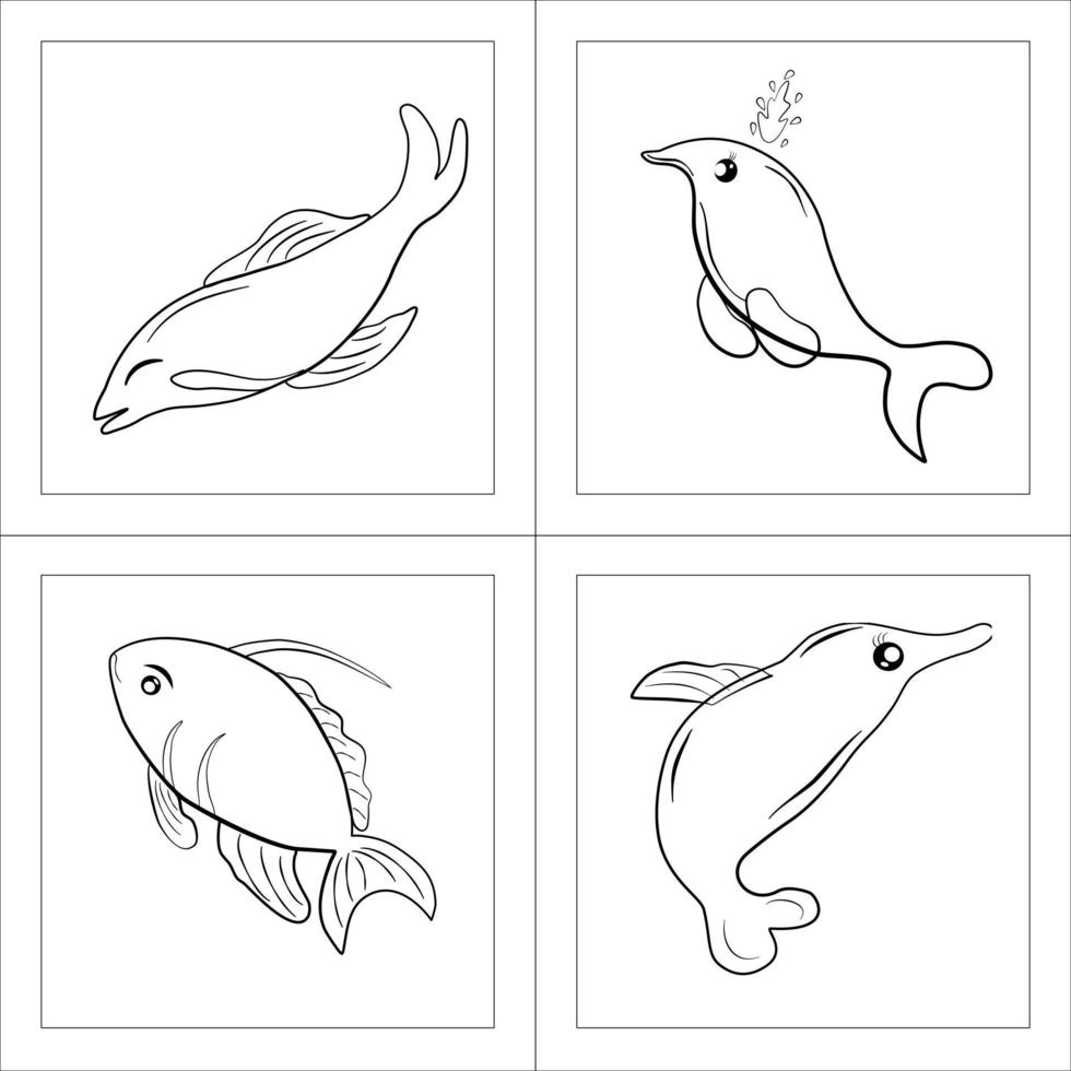 Set of doodle cartoon outline fish underwater vector illustration