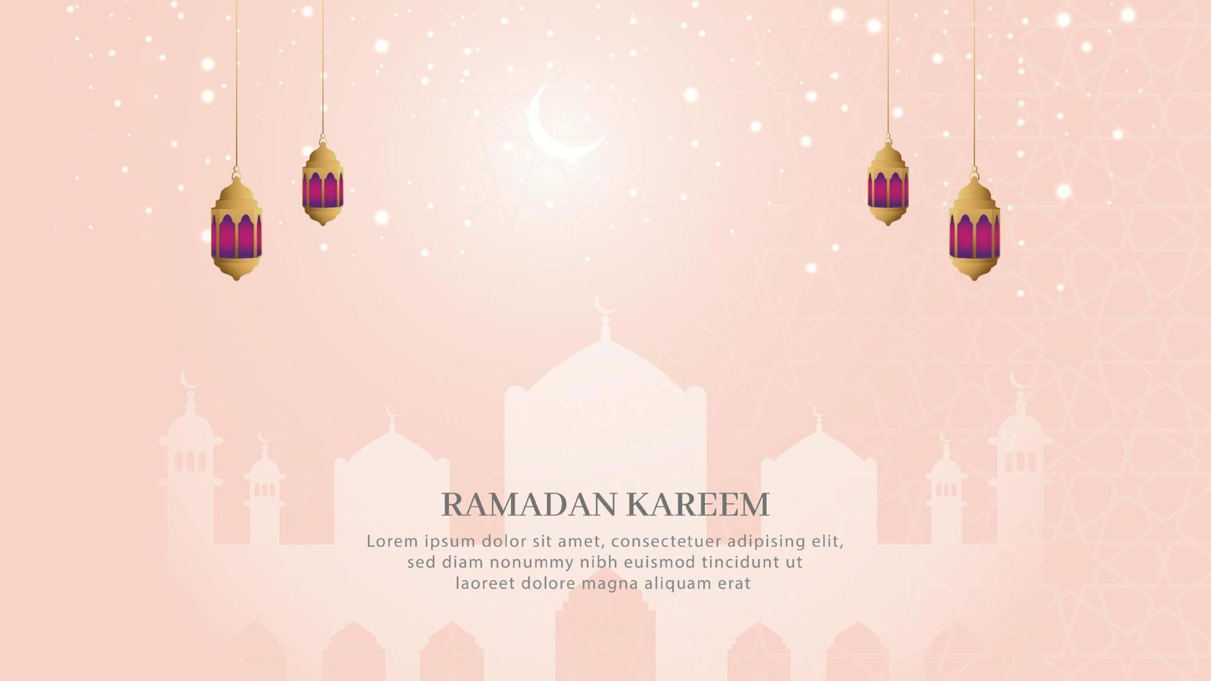 Ramadan Kareem Islamic Ornamental Background With Arabic Pattern and Mosque With Lanterns vector