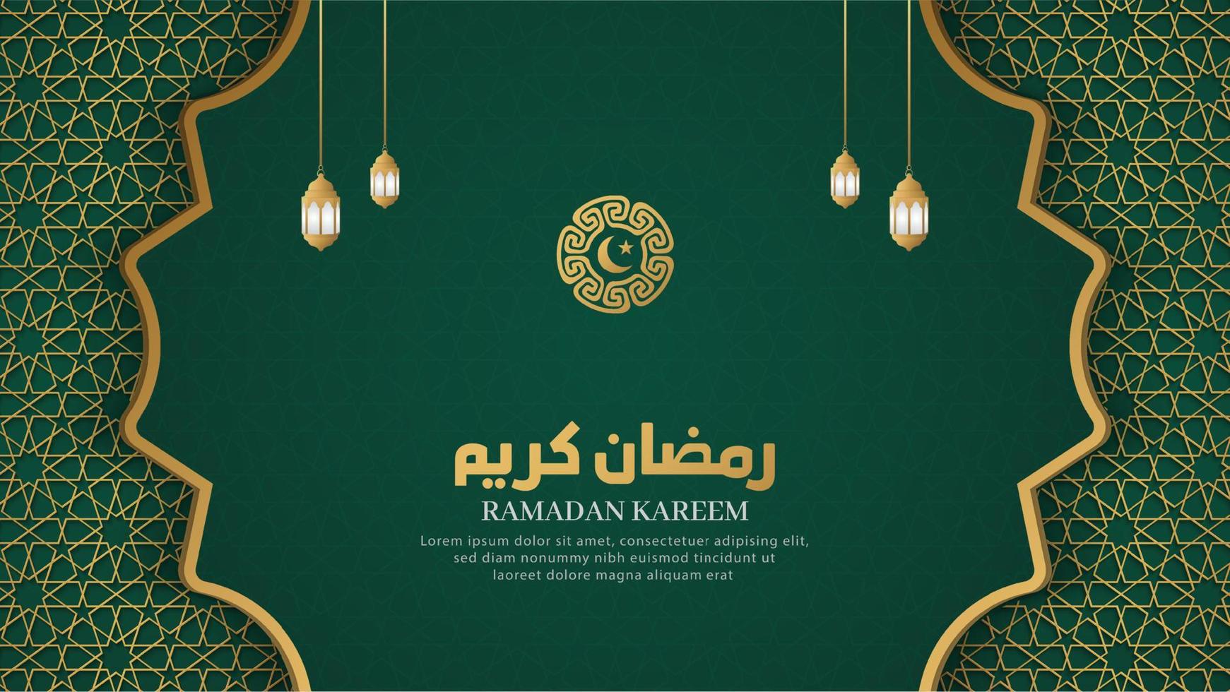 Ramadan Kareem Islamic Arabic Green Luxury Background with Geometric pattern and Beautiful Ornamental Lanterns vector