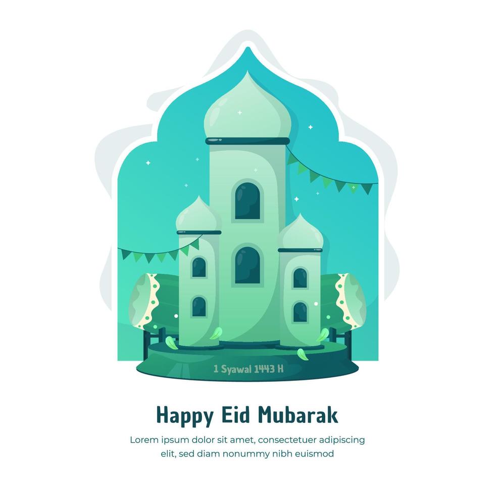 Flat design islamic mosque for eid mubarak greeting vector