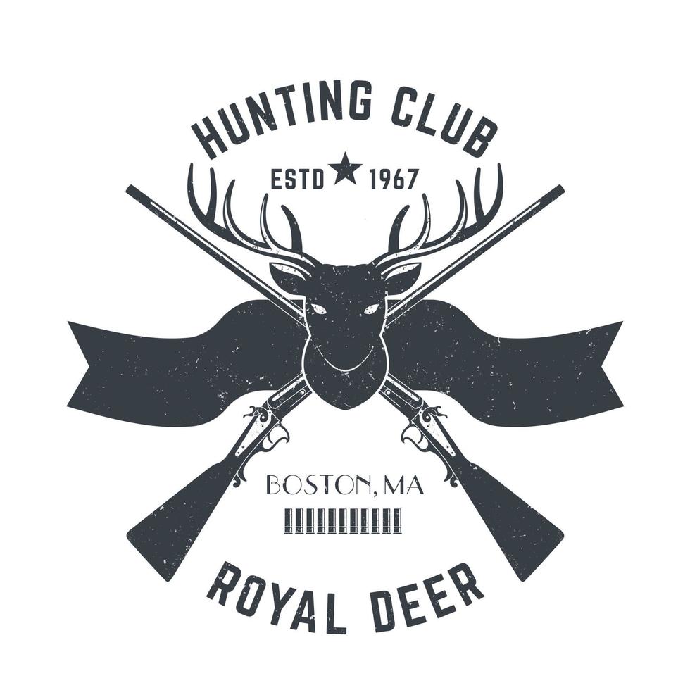 Hunting logo, vintage emblem with deer head and two hunting rifles, gray on white, vector illustration