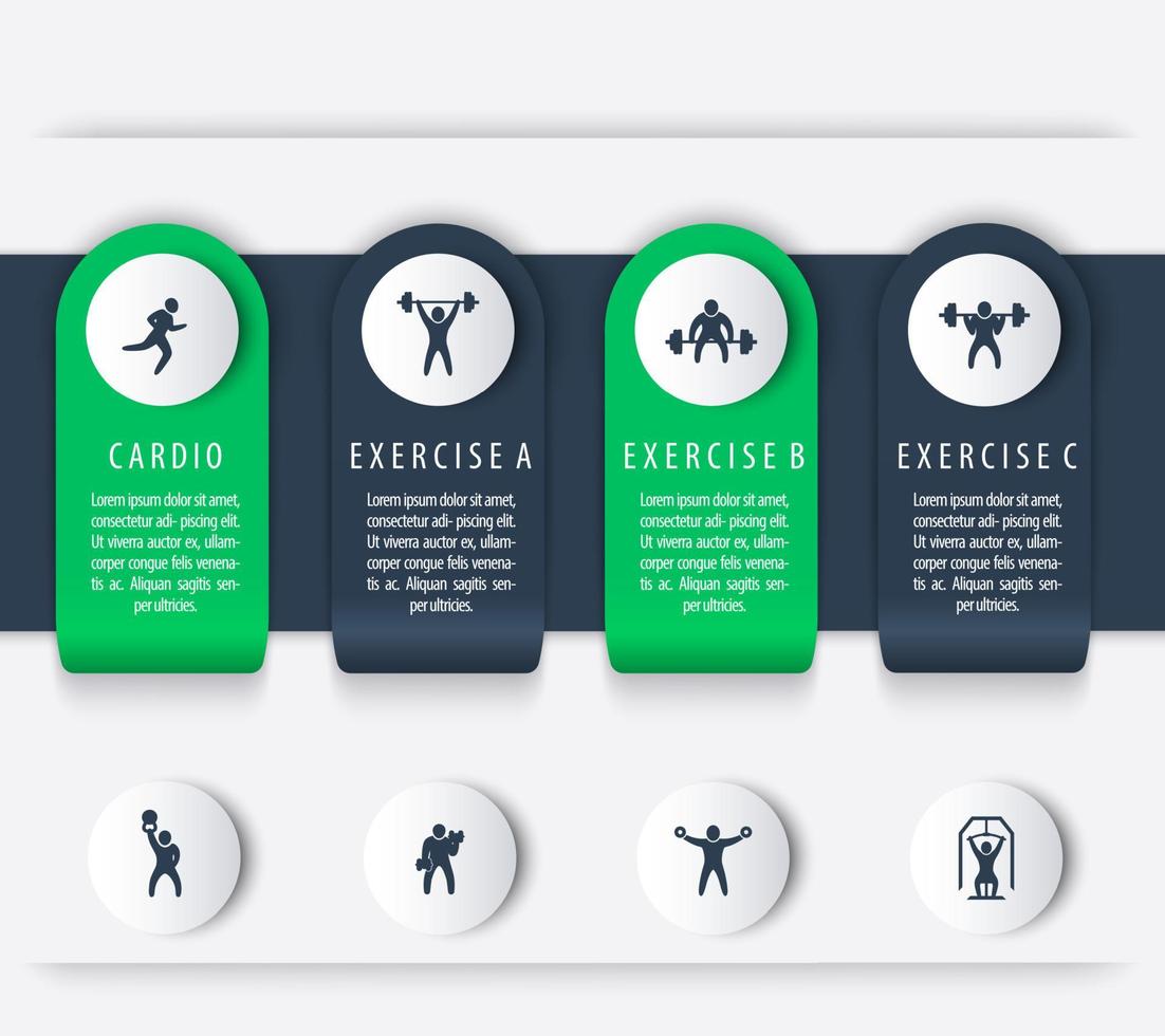 entrenamiento de gimnasia, entrenamiento, 4 pasos, elementos infográficos, con iconos de ejercicio físico, ilustración vectorial vector