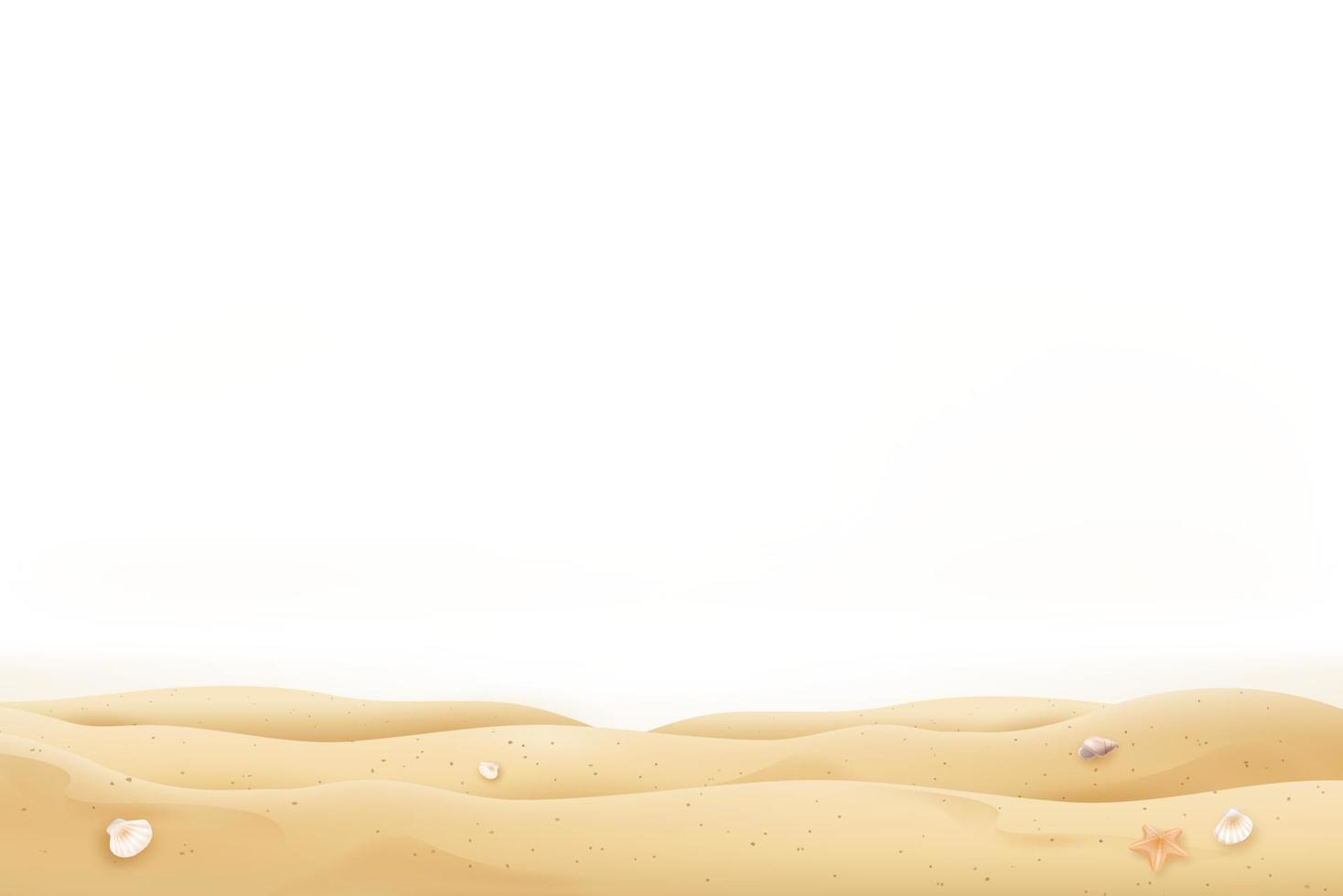 Summer beach sand and seashells on white background with copy space vector