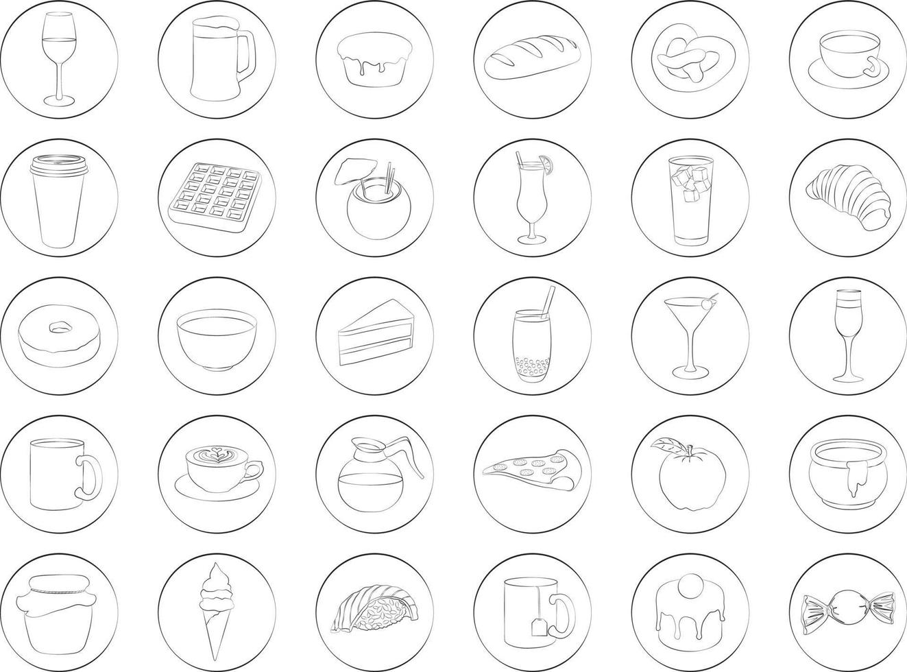 Food and drink contour pattern black and white icon collection vector illustration