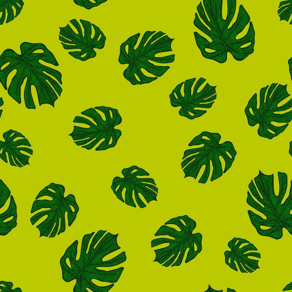 Engraving leaf monstera seamless pattern. Vintage leaves background. vector