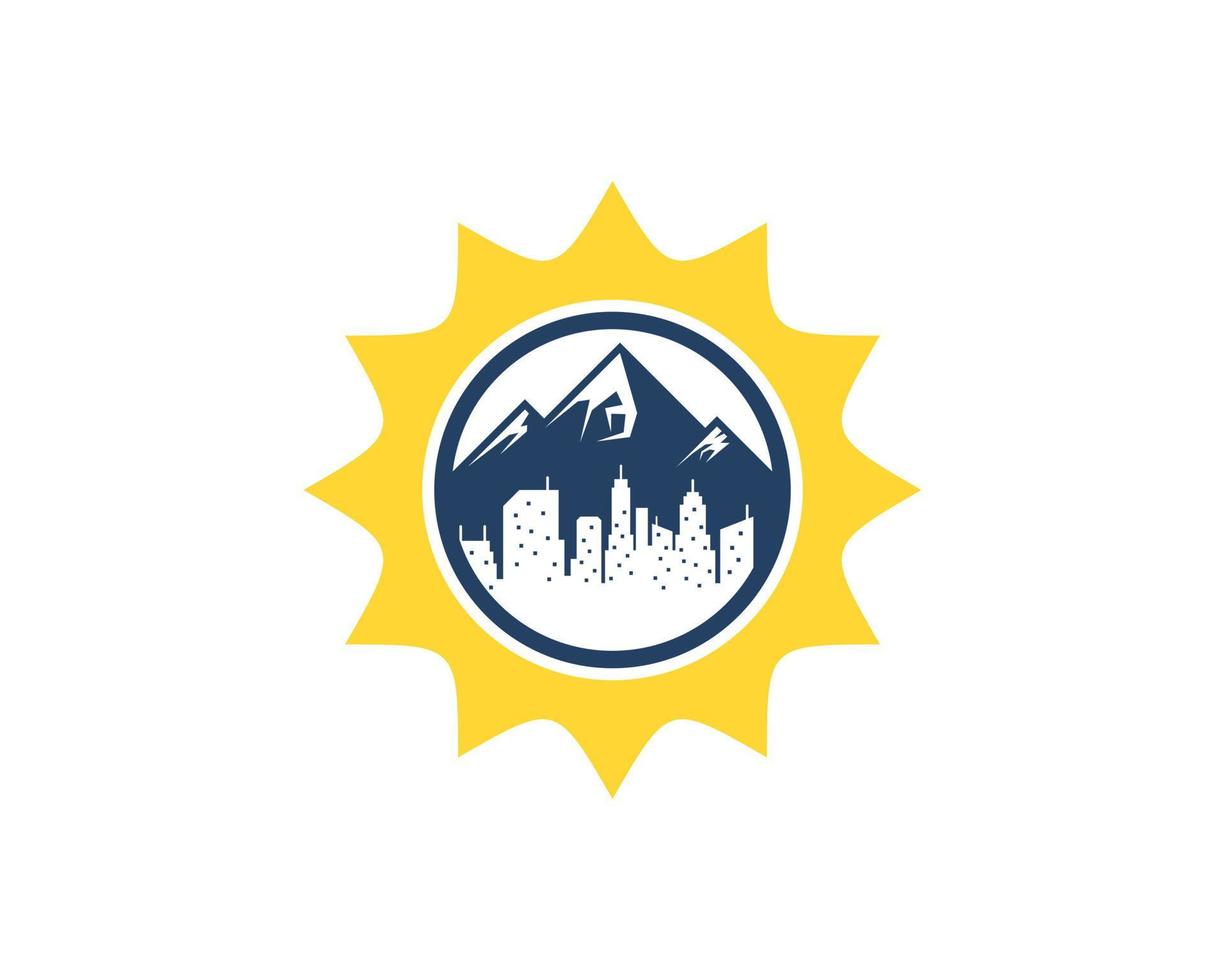 Shinning sun with mountain and city building inside vector