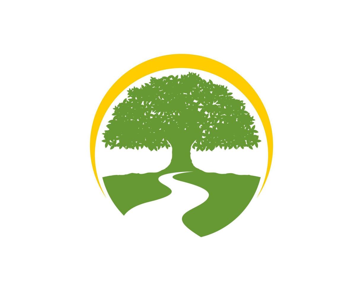 Road to oak tree and sunset swoosh vector