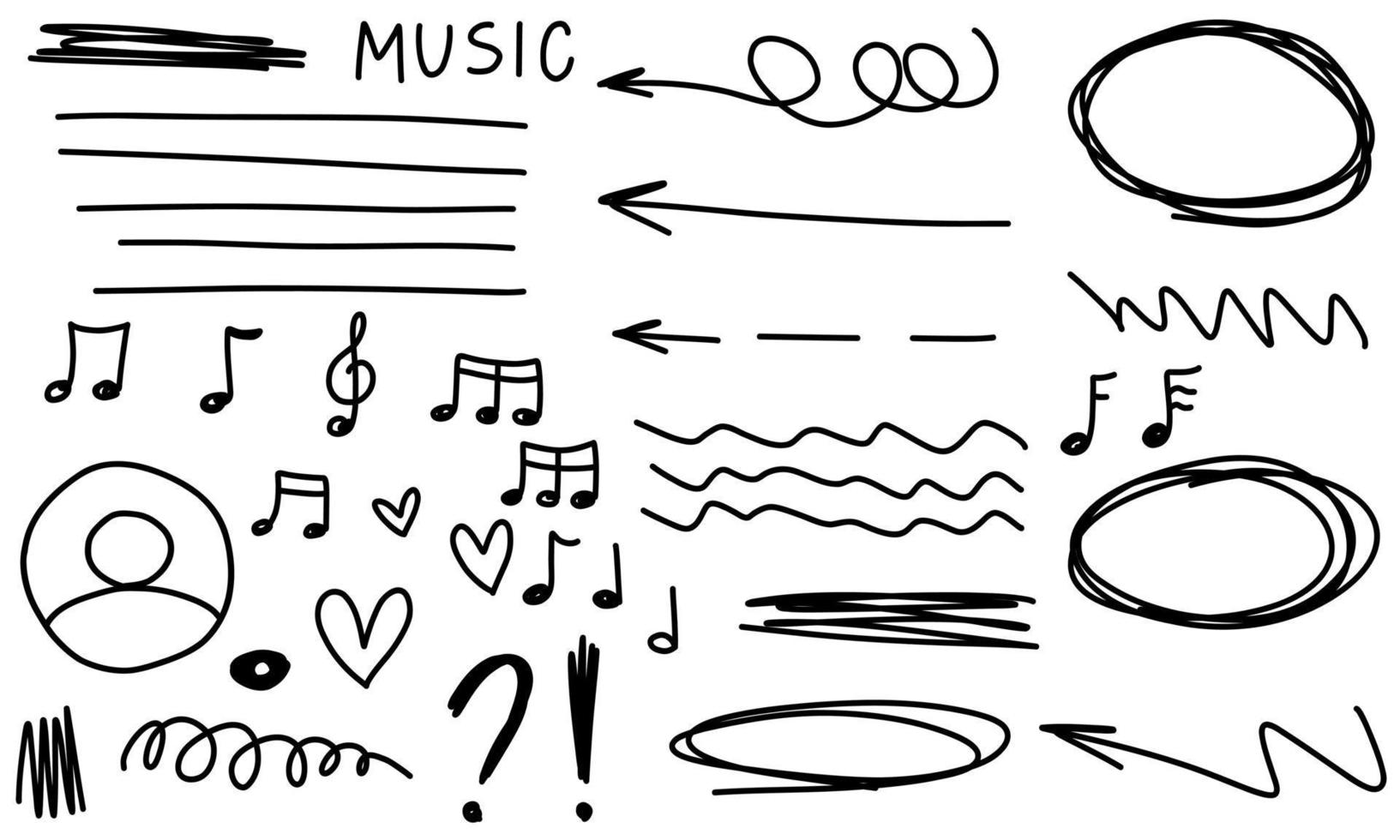 Doodle frames arrows music stars hearts notes text. Sketch set cute isolated line collection for school. vector