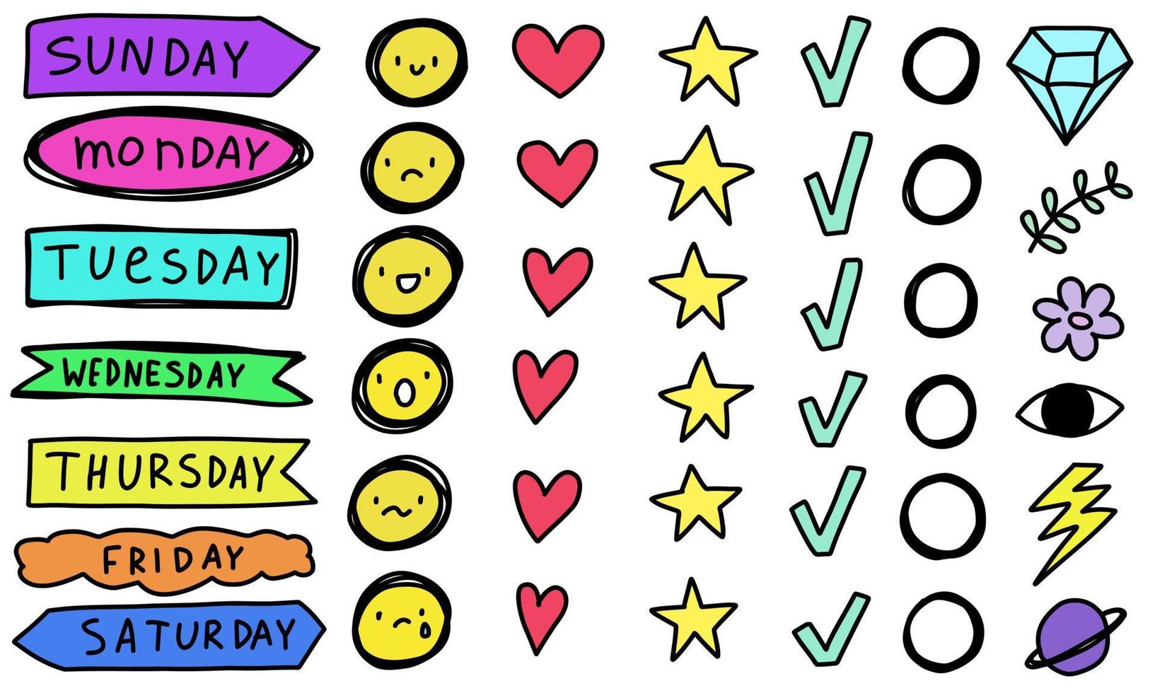 Doodle days of the week, faces with emotions, hearts, stars, tasks collection. Stickers isolated line. Hand drawn vector illustrations