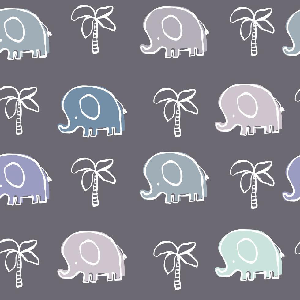 Cute doodle cute elephants, palm trees, line white, violet green purple pattern seamless for kids. vector