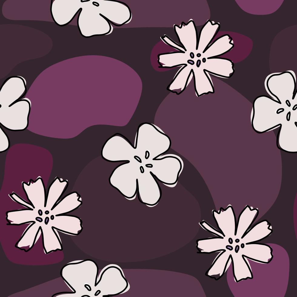 Hand drawn doodle violet abstract seamless wallpaper with purple flowers. Cute pink vector pattern for paper, fabric, book, bedroom, children.