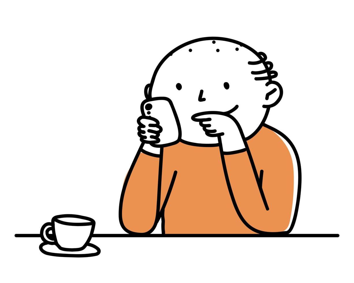An elderly man looks at the phone and drinks tea. Isolated illustration man plays, reads, laughs. vector