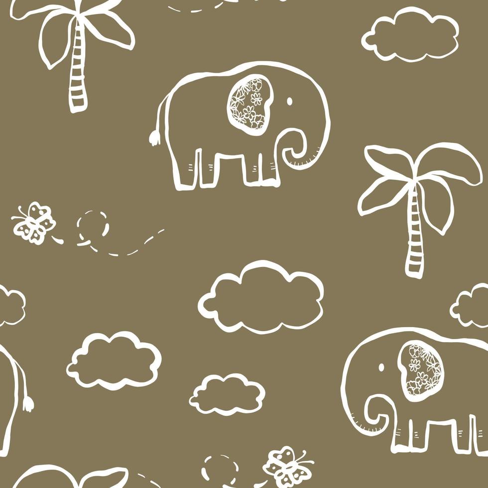 Cute doodle cute elephants, palm trees, clouds, butterflies line white, green pattern seamless for kids. vector