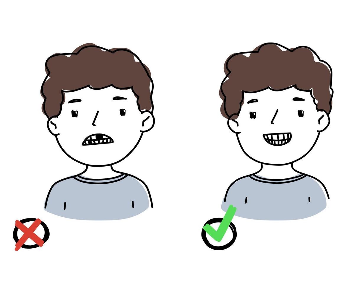 el joven sonríe sin dientes. ilustración aislada para odontología con gente sonriente. vector