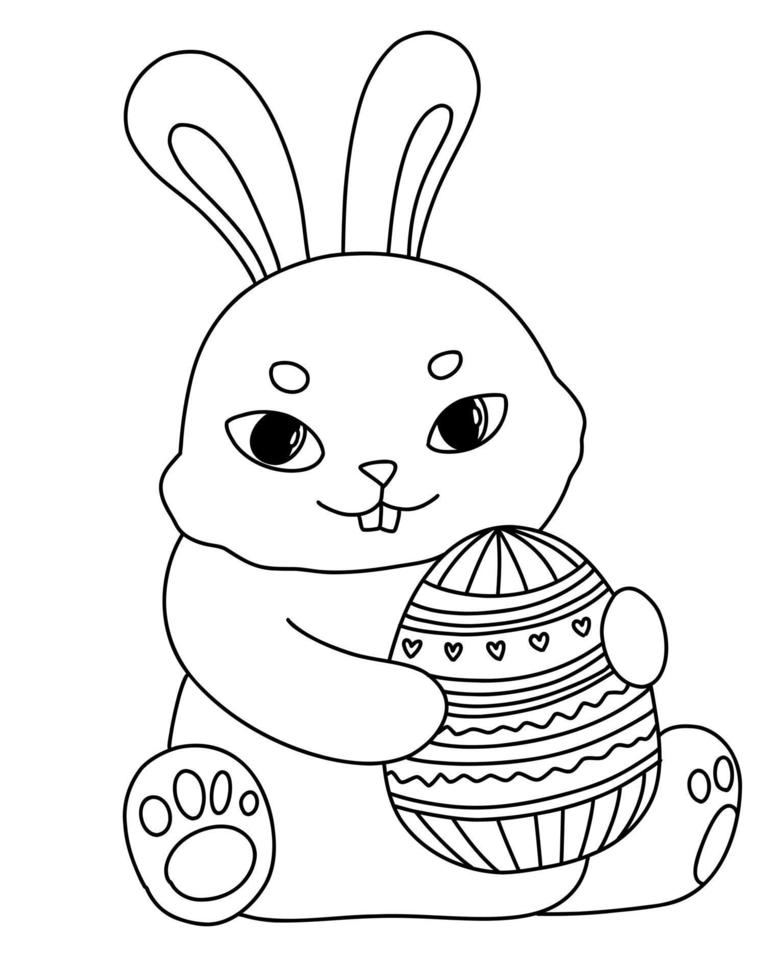 lindo conejo feliz de dibujos animados de Pascua. libro para colorear conejito animal con mascota, huevo. vector