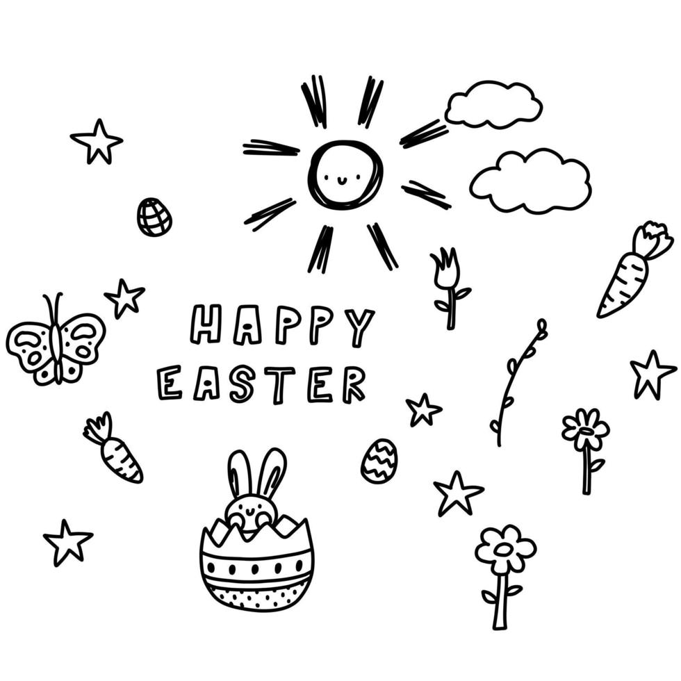 Doodle happy easter vector lettering in egg, bunny isolated. Hand drawn black and white branches, flowers, stars, cute calligraphy.