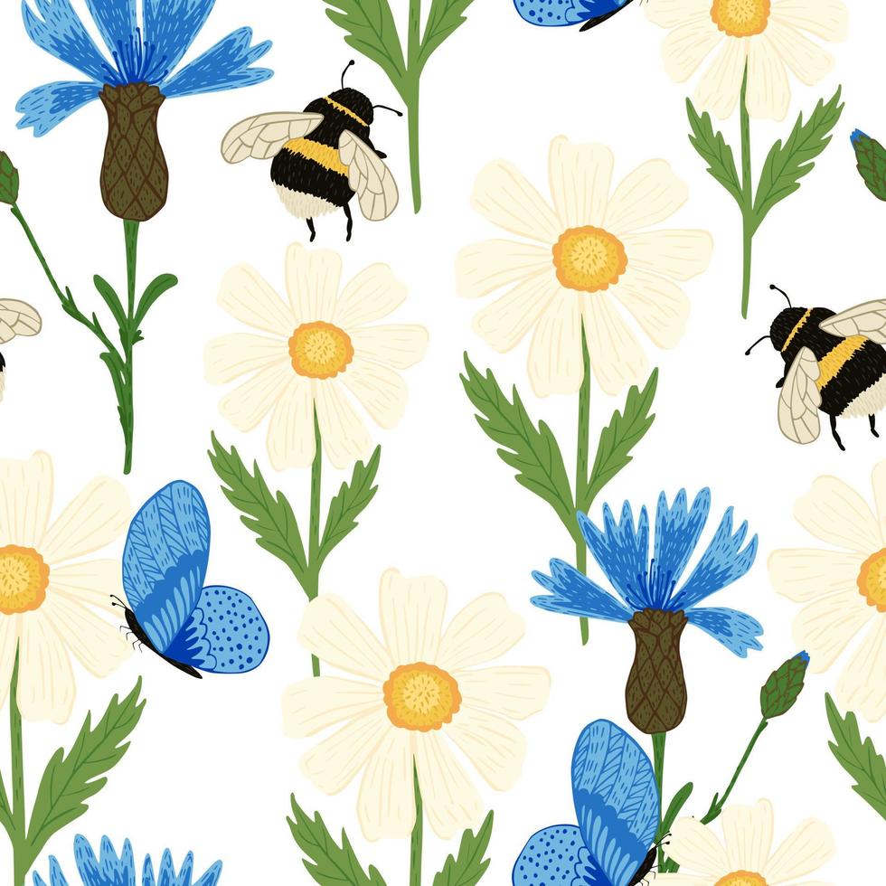 Cute bumblebee on meadow seamless pattern. Summer background flowers. vector