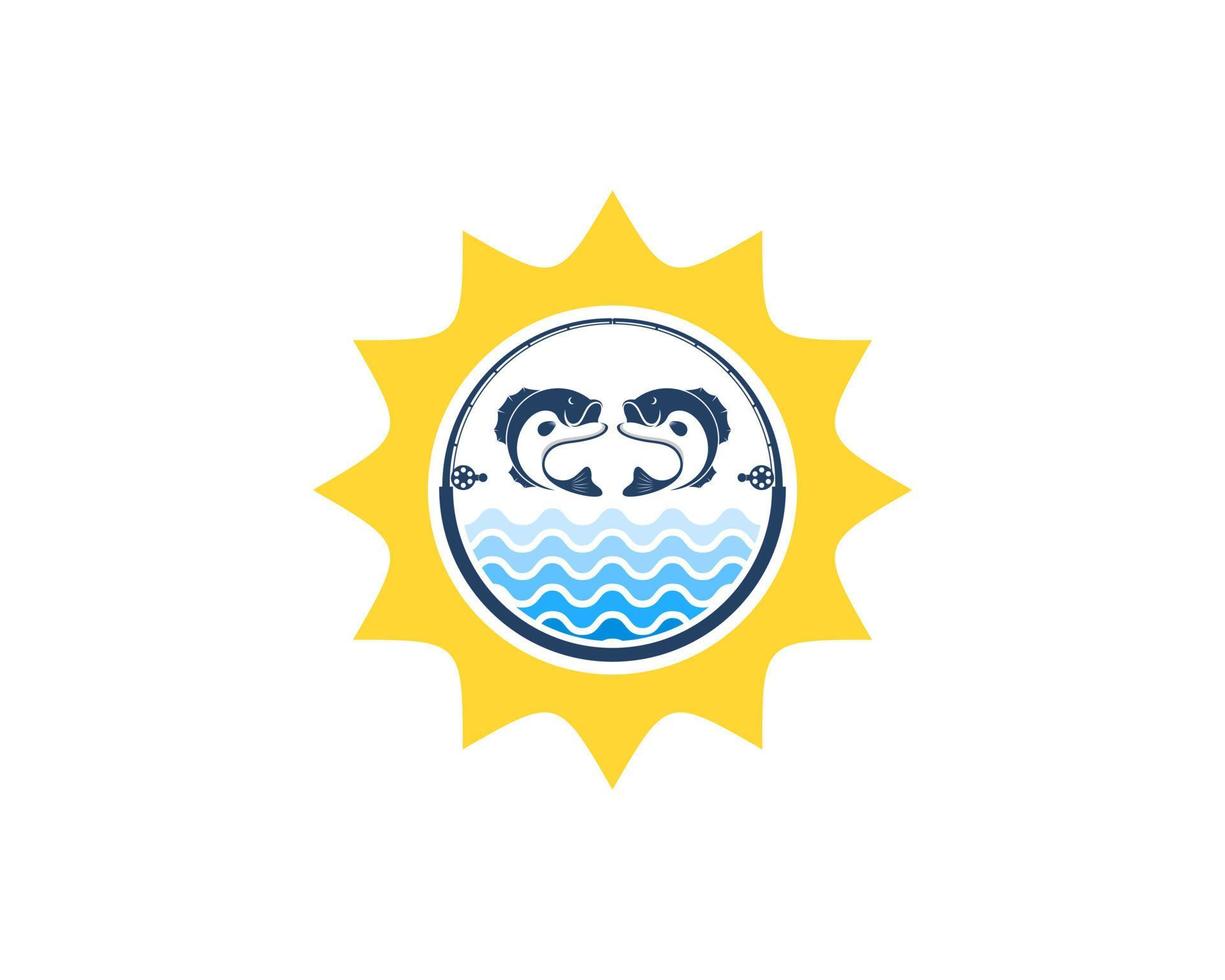 Shinning sun with water wave and fishing inside vector
