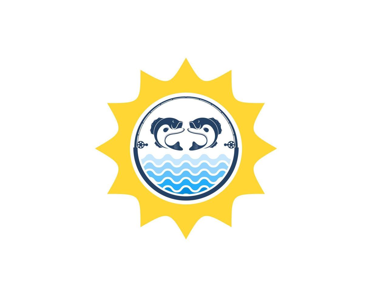 Shinning sun with water wave and fishing inside vector