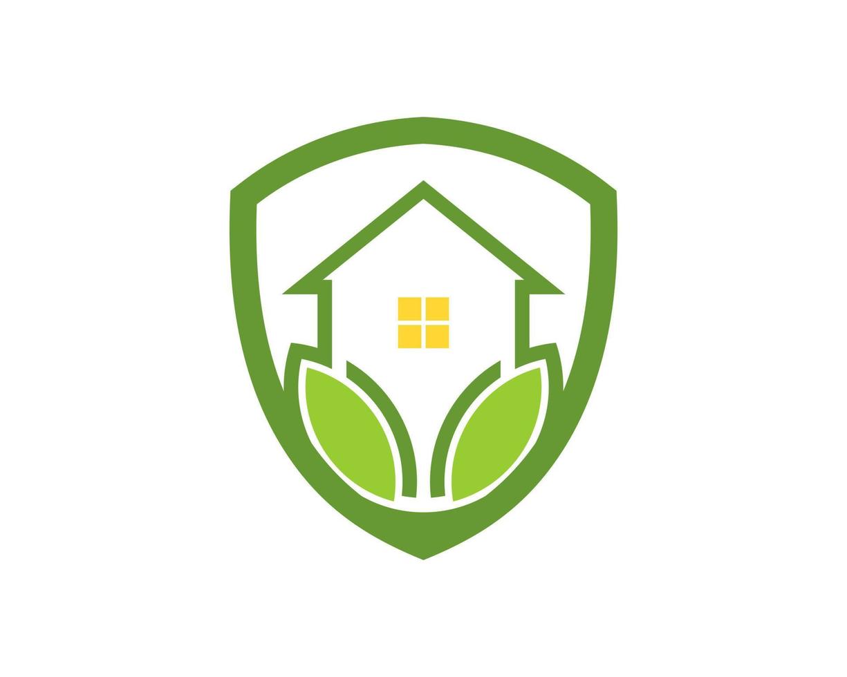 Shield with simple house and green nature leaf inside vector