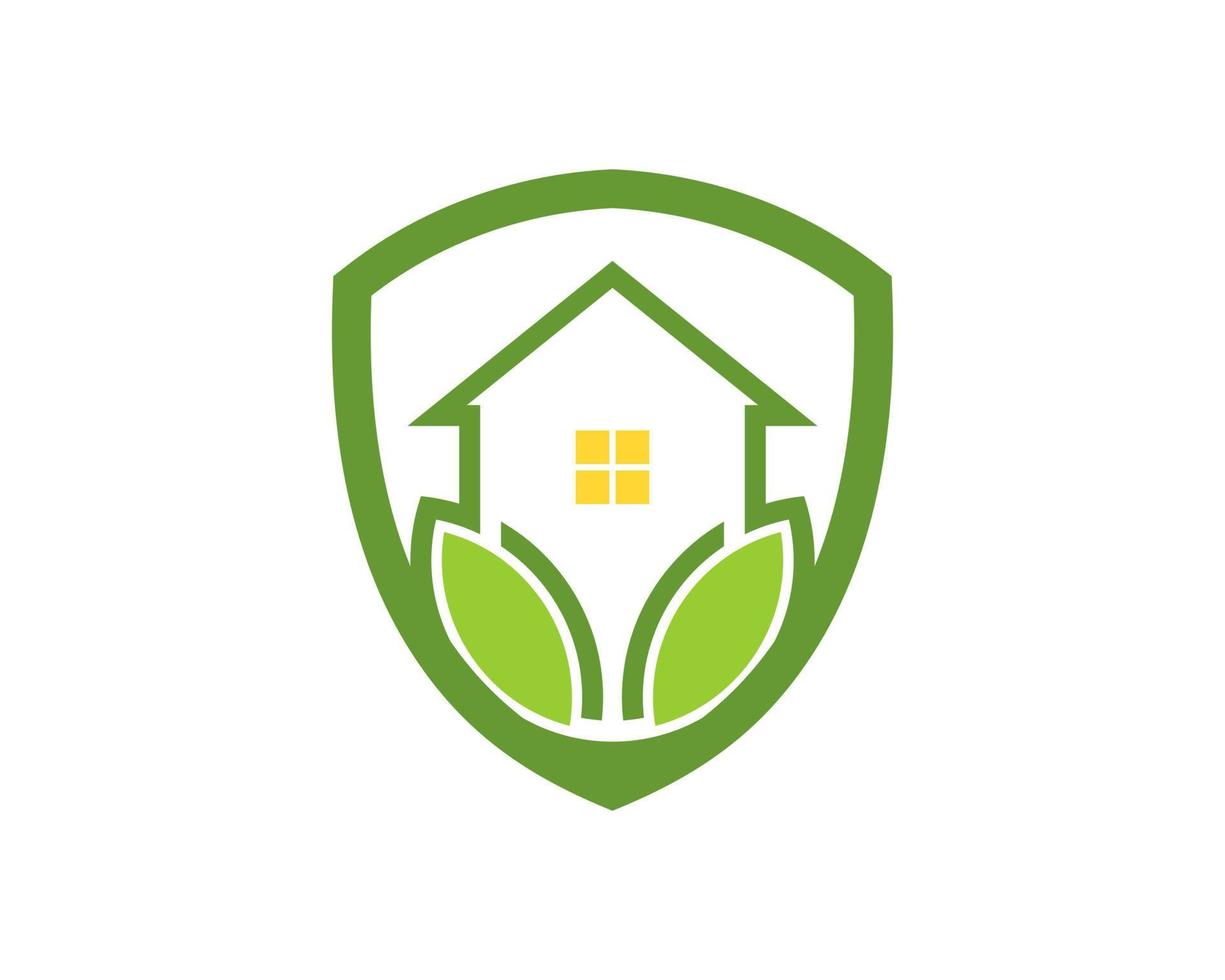 escudo con casa simple y hoja de naturaleza verde dentro vector