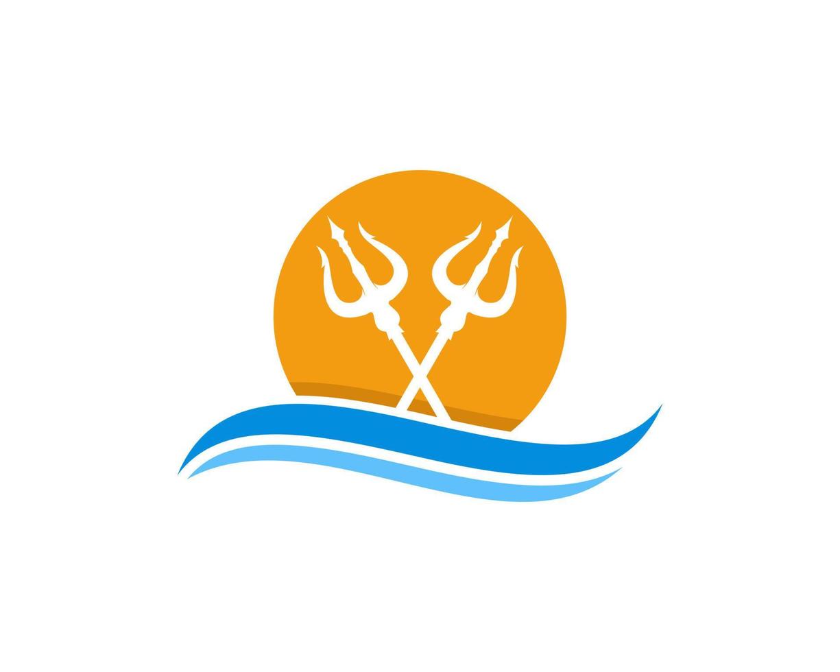 tridente cruzado en el logo de la ola del mar vector