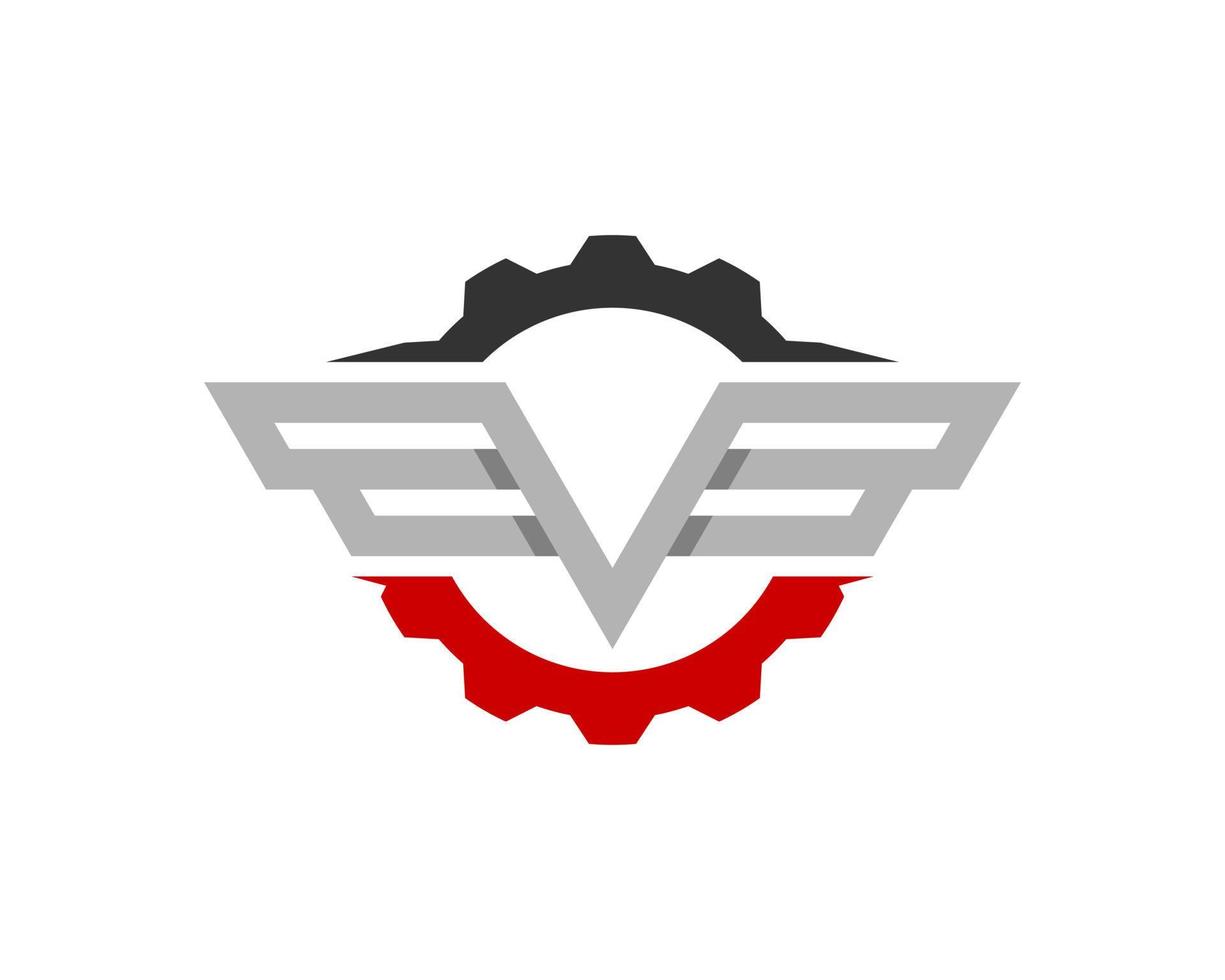 Mechanical gear with V letter initial and wing inside vector