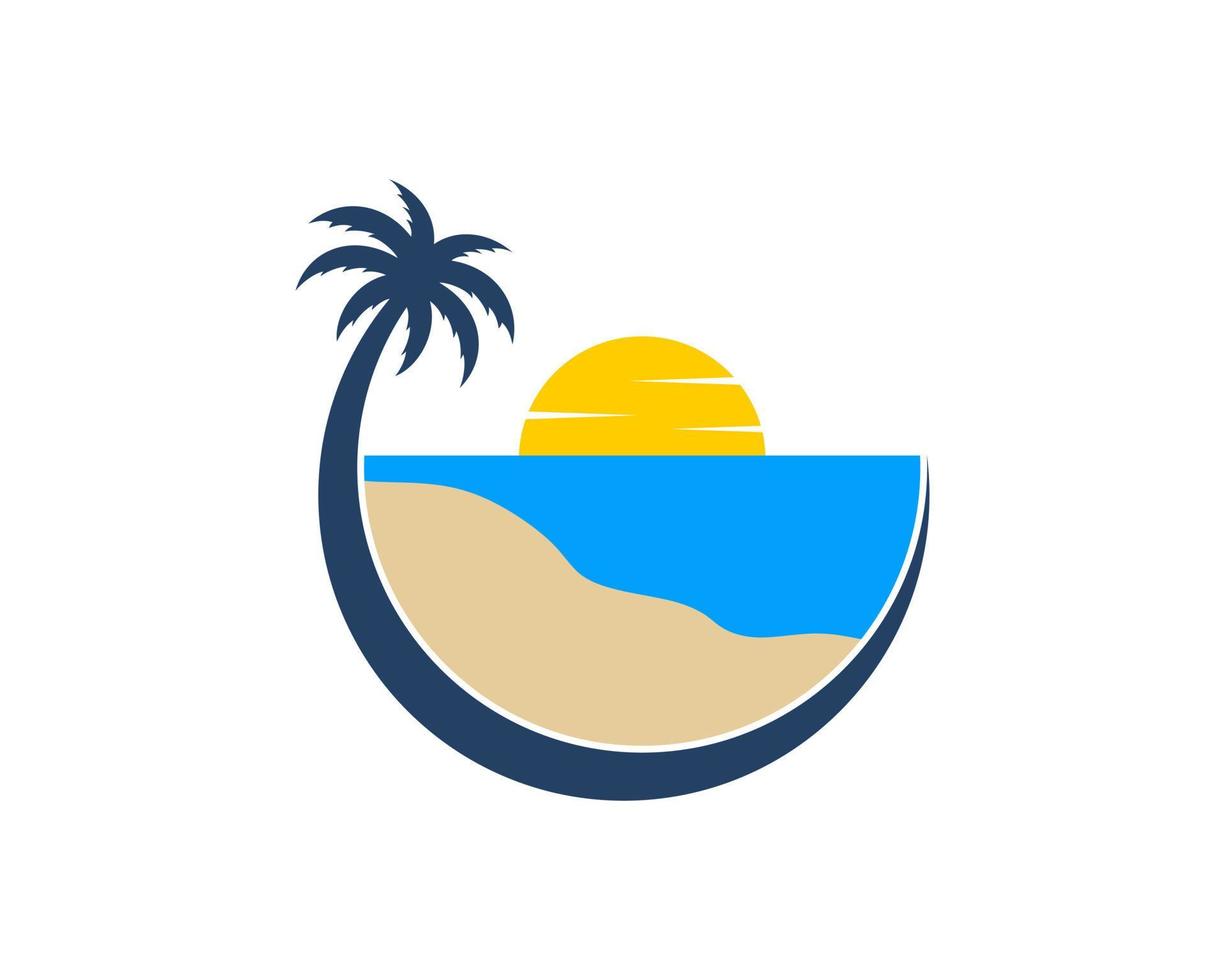 Circular palm tree with beautiful beach and sunset behind vector