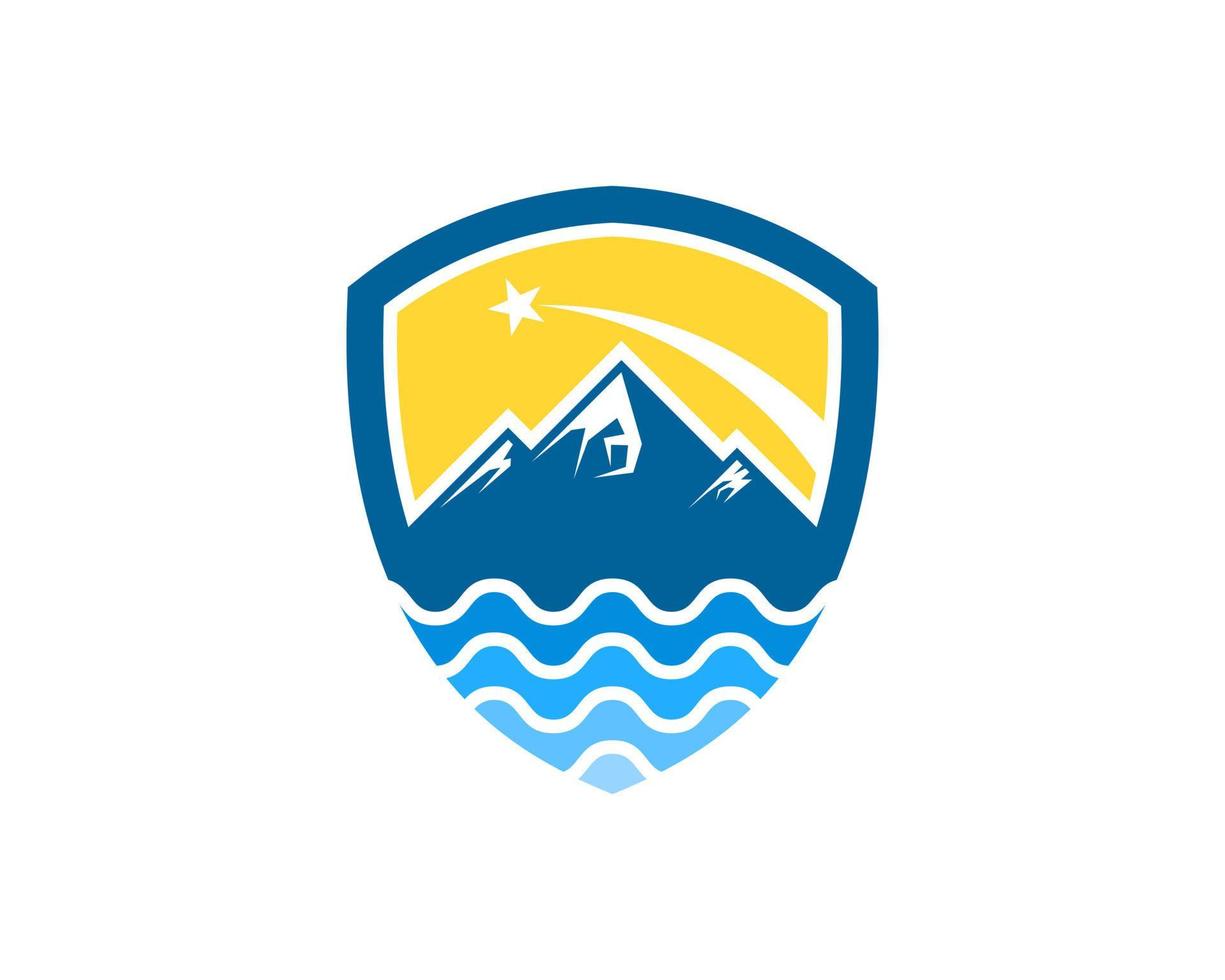 Simple shield with mountain and water wave inside vector