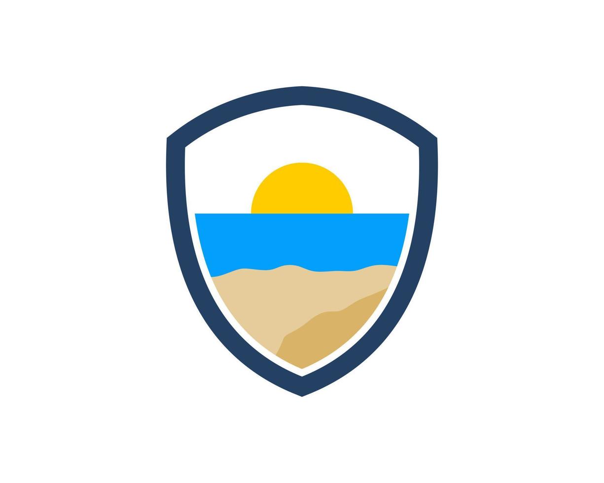 Simple shield with beach and sunset inside vector
