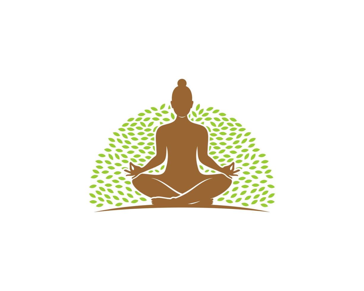 Woman meditation with nature leaf behind vector