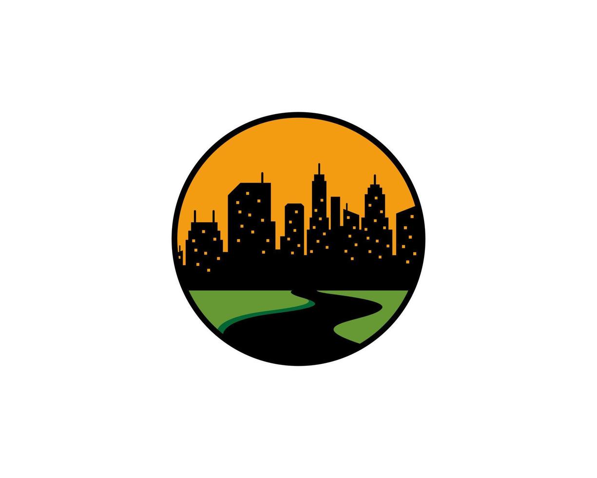City building and roadway inside the circle vector