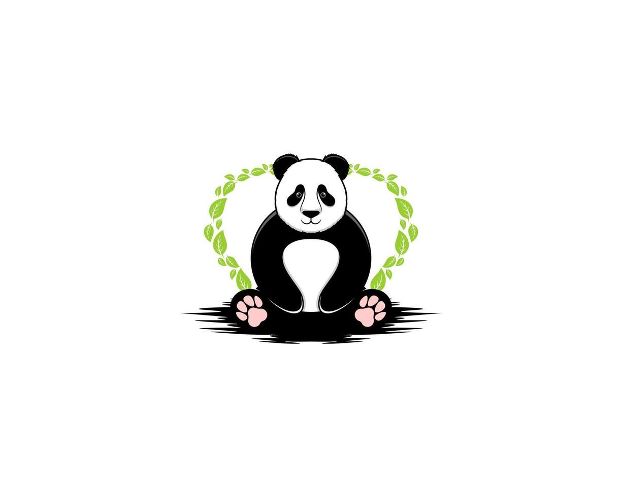 Sits panda with green leaf behind vector