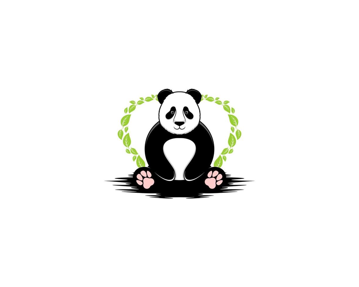 Sits panda with green leaf behind vector